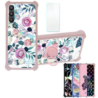 Galaxy A34 5g Case Compatible with Samsung Galaxy A34 5g Phone Case Cover [with Tempered Glass Screen Protector][Hard PC + Soft Silicone][Ring Support] [Colorful Reflect Light] IMDF-HUA3