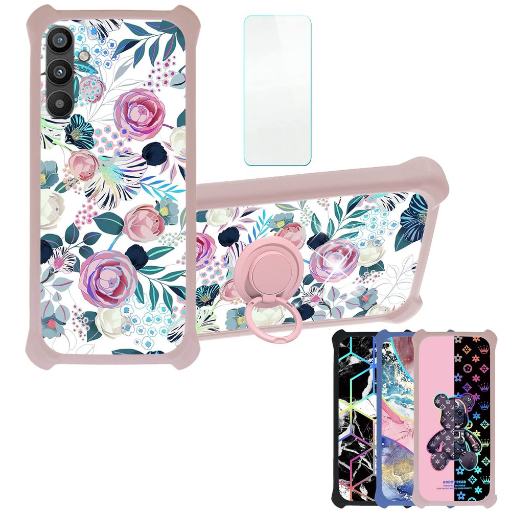 Galaxy A34 5g Case Compatible with Samsung Galaxy A34 5g Phone Case Cover [with Tempered Glass Screen Protector][Hard PC + Soft Silicone][Ring Support] [Colorful Reflect Light] IMDF-HUA3