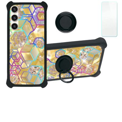 Galaxy S23+ Plus Case Compatible with Samsung Galaxy S23+ Plus Phone Case Cover [with Tempered Glass Screen Protector][Hard PC + Soft Silicone][Ring Support] [Colorful Reflect Light] IMDH-HSJ