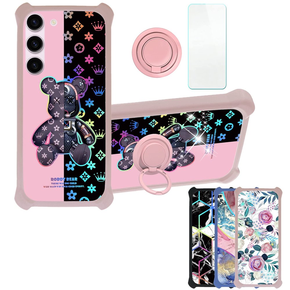 Galaxy S23 Case Compatible with Samsung Galaxy S23 Phone Case Cover [with Tempered Glass Screen Protector][Hard PC + Soft Silicone][Ring Support] [Colorful Reflect Light] IMDF-JXX