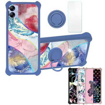 Galaxy A04e Case Compatible with Samsung Galaxy A04e Phone Case Cover [with Tempered Glass Screen Protector][Hard PC + Soft Silicone][Ring Support] [Colorful Reflect Light] IMDL-SSS