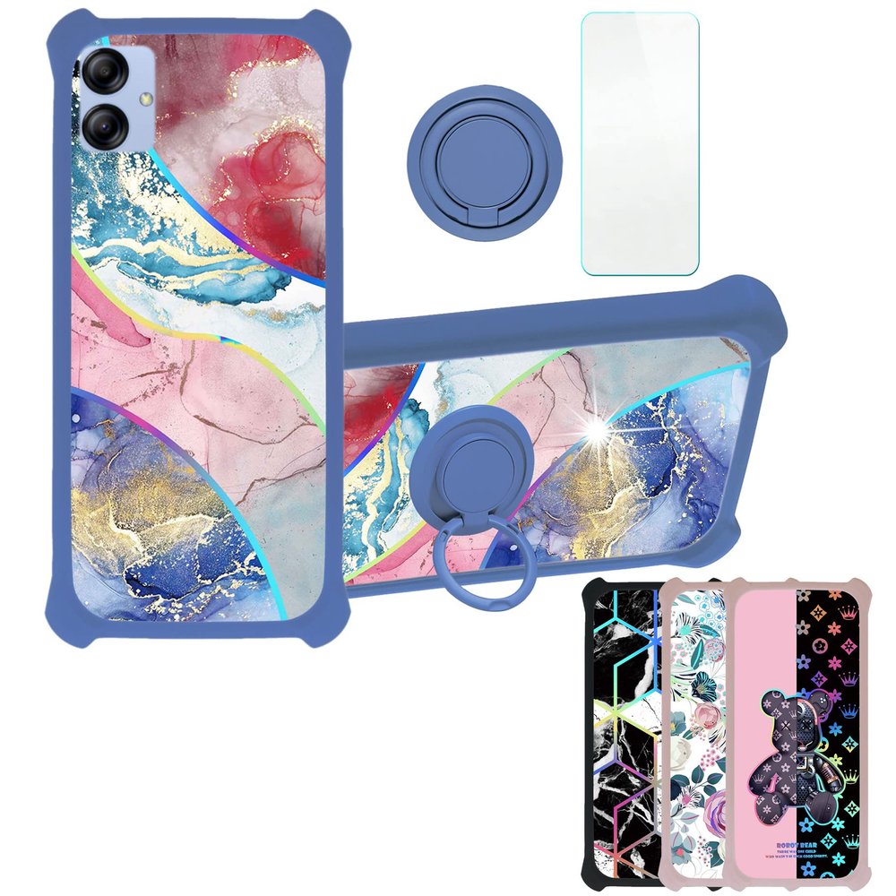 Galaxy A04e Case Compatible with Samsung Galaxy A04e Phone Case Cover [with Tempered Glass Screen Protector][Hard PC + Soft Silicone][Ring Support] [Colorful Reflect Light] IMDL-SSS