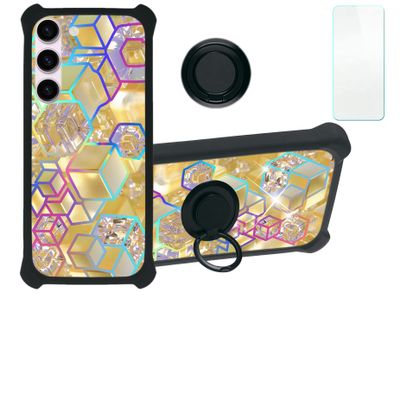 Galaxy S23 Case Compatible with Samsung Galaxy S23 Phone Case Cover [with Tempered Glass Screen Protector][Hard PC + Soft Silicone][Ring Support] [Colorful Reflect Light] IMDH-HSJ