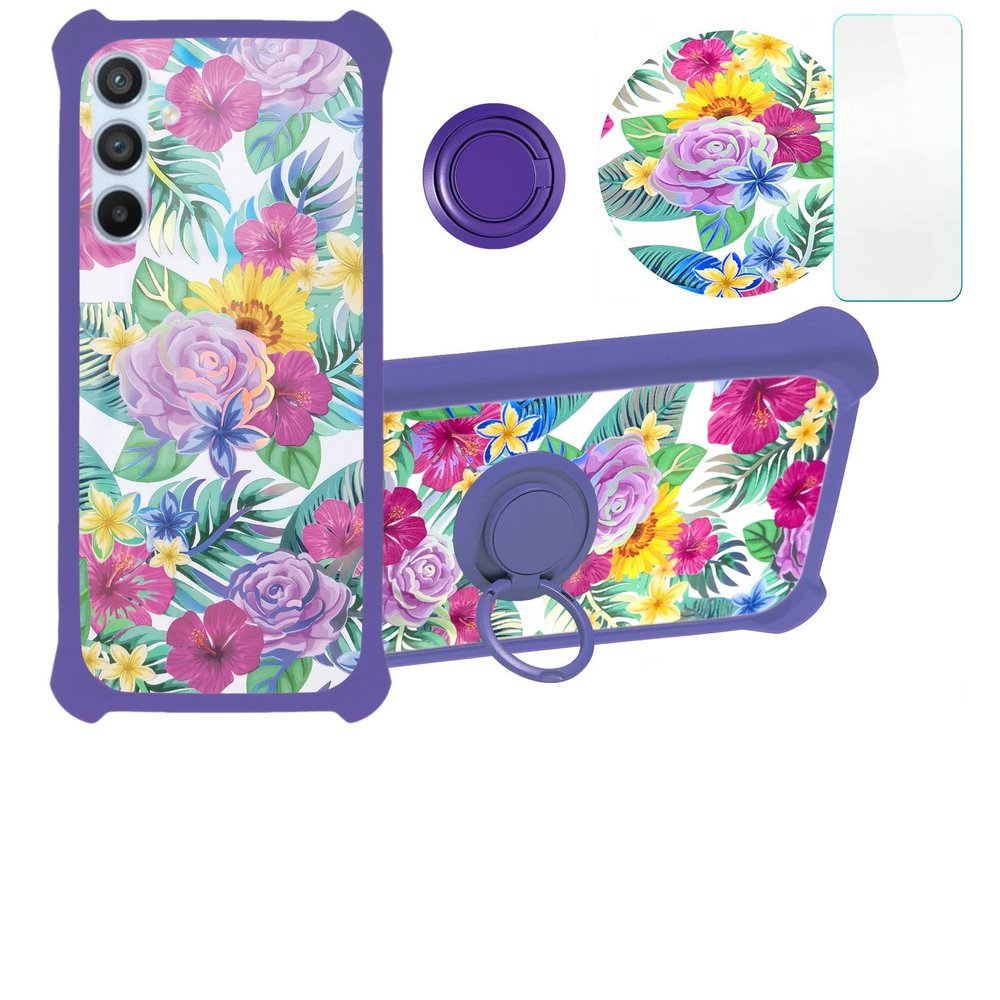 Galaxy A54 5g Case Compatible with Samsung Galaxy A54 5g Phone Case Cover [with Tempered Glass Screen Protector][Hard PC + Soft Silicone][Ring Support] [Colorful Reflect Light] IMDZ-HUA1