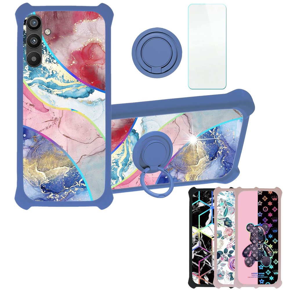 Galaxy A34 5g Case Compatible with Samsung Galaxy A34 5g Phone Case Cover [with Tempered Glass Screen Protector][Hard PC + Soft Silicone][Ring Support] [Colorful Reflect Light] IMDL-SSS