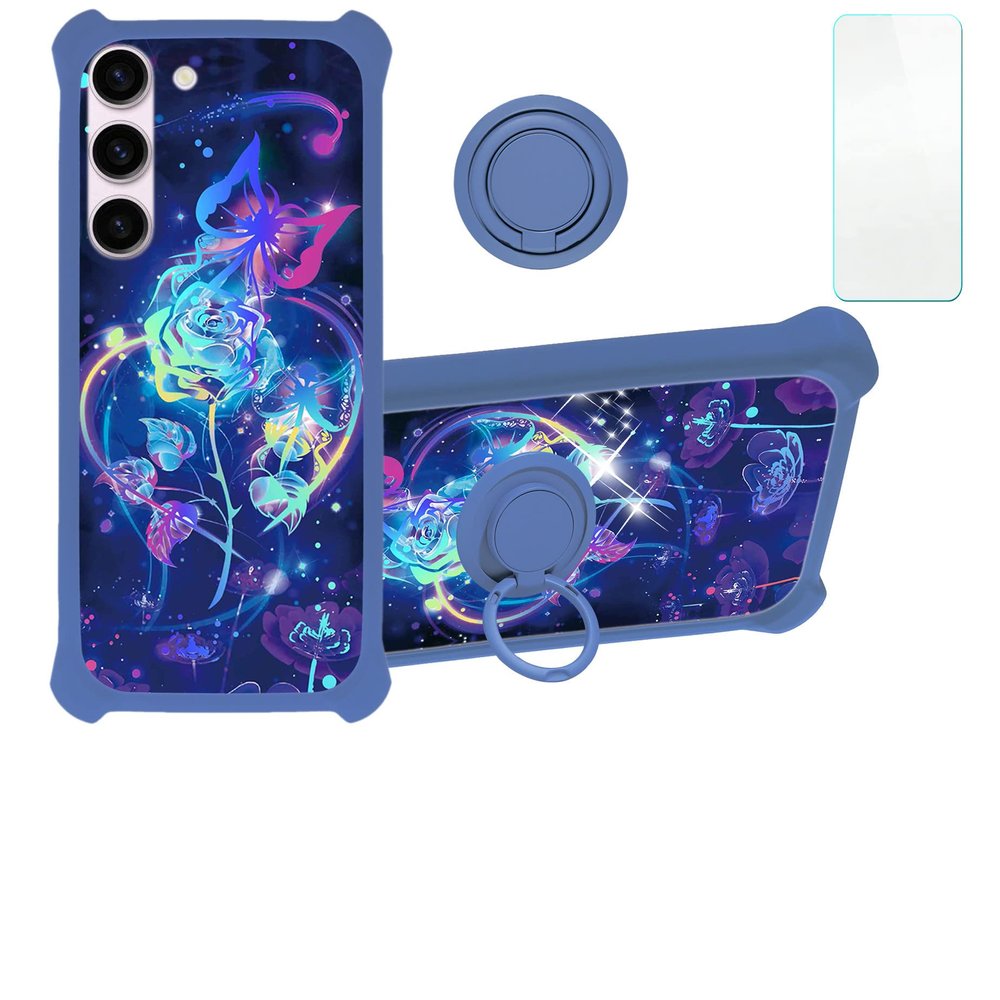Galaxy S23 Case Compatible with Samsung Galaxy S23 Phone Case Cover [with Tempered Glass Screen Protector][Hard PC + Soft Silicone][Ring Support] [Colorful Reflect Light] IMDL-LMG