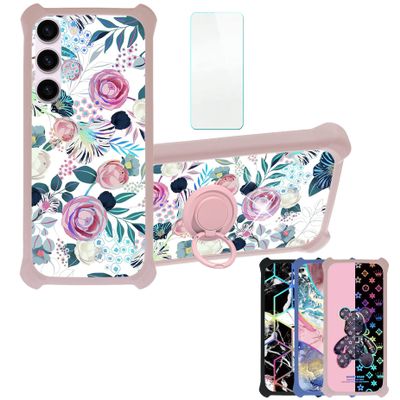 Galaxy S23 Case Compatible with Samsung Galaxy S23 Phone Case Cover [with Tempered Glass Screen Protector][Hard PC + Soft Silicone][Ring Support] [Colorful Reflect Light] IMDF-HUA3