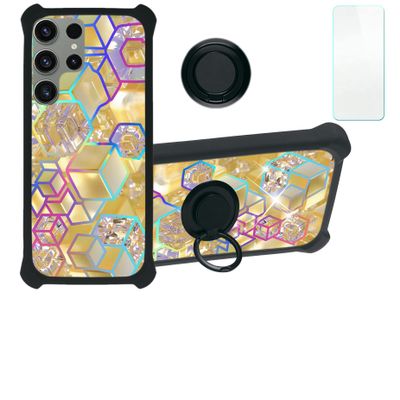 Galaxy S23 Ultra Case Compatible with Samsung Galaxy S23 Ultra Phone Case Cover [with Tempered Glass Screen Protector][Hard PC + Soft Silicone][Ring Support] [Colorful Reflect Light] IMDH-HSJ