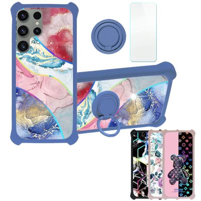 Galaxy S23 Ultra Case Compatible with Samsung Galaxy S23 Ultra Phone Case Cover [with Tempered Glass Screen Protector][Hard PC + Soft Silicone][Ring Support] [Colorful Reflect Light] IMDL-SSS