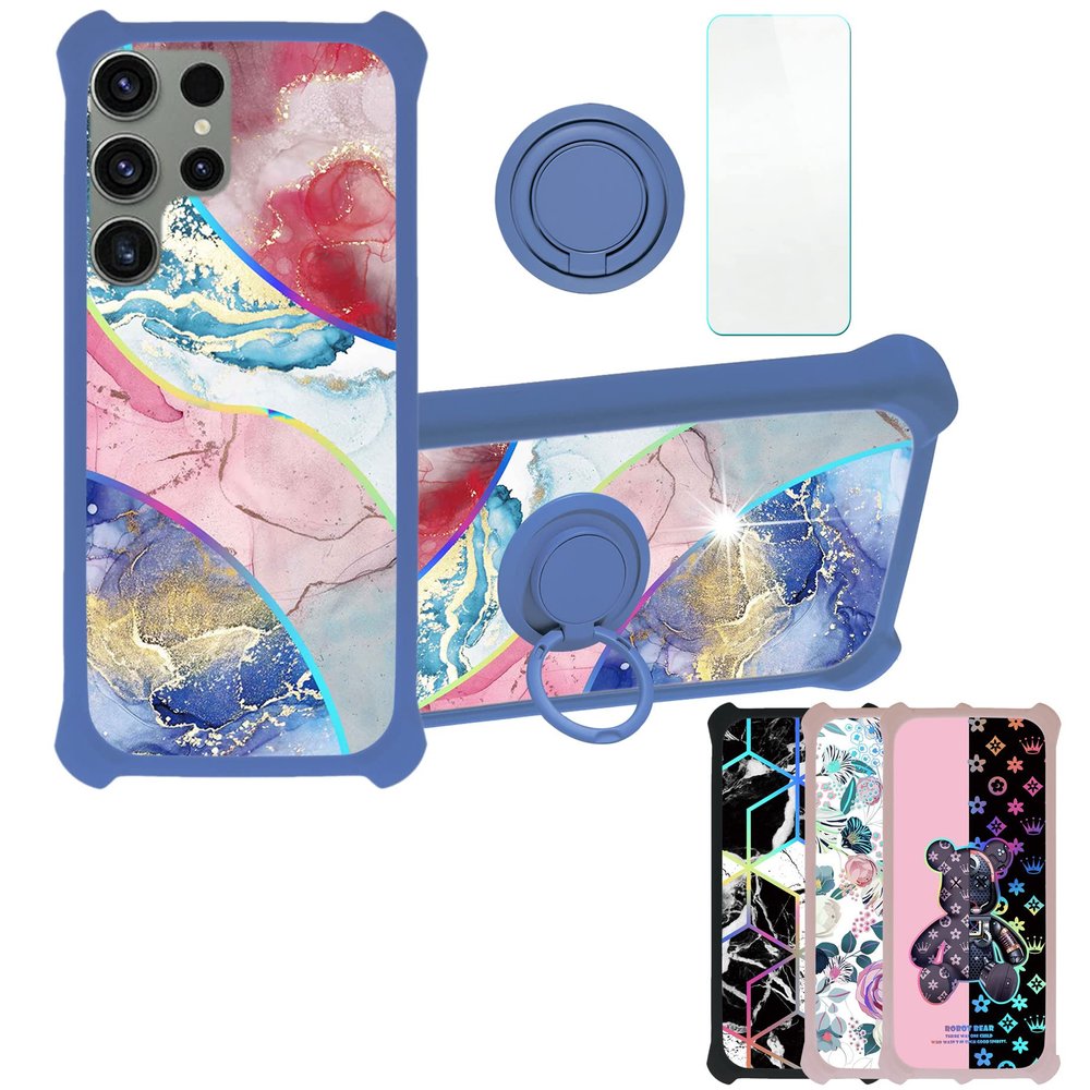 Galaxy S23 Ultra Case Compatible with Samsung Galaxy S23 Ultra Phone Case Cover [with Tempered Glass Screen Protector][Hard PC + Soft Silicone][Ring Support] [Colorful Reflect Light] IMDL-SSS