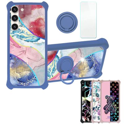 Galaxy S23+ Plus Case Compatible with Samsung Galaxy S23+ Plus Phone Case Cover [with Tempered Glass Screen Protector][Hard PC + Soft Silicone][Ring Support] [Colorful Reflect Light] IMDL-SSS