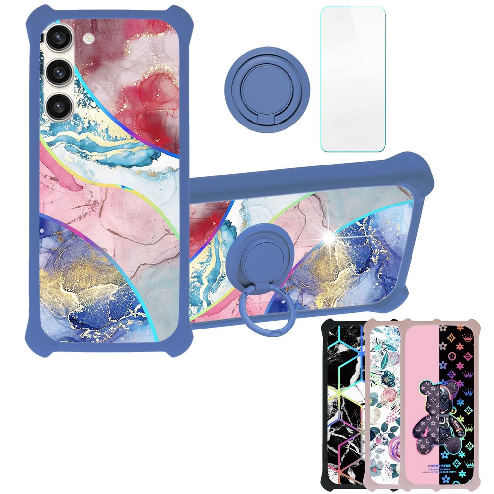 Galaxy S23+ Plus Case Compatible with Samsung Galaxy S23+ Plus Phone Case Cover [with Tempered Glass Screen Protector][Hard PC + Soft Silicone][Ring Support] [Colorful Reflect Light] IMDL-SSS