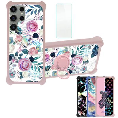 Galaxy S23 Ultra Case Compatible with Samsung Galaxy S23 Ultra Phone Case Cover [with Tempered Glass Screen Protector][Hard PC + Soft Silicone][Ring Support] [Colorful Reflect Light] IMDF-HUA3