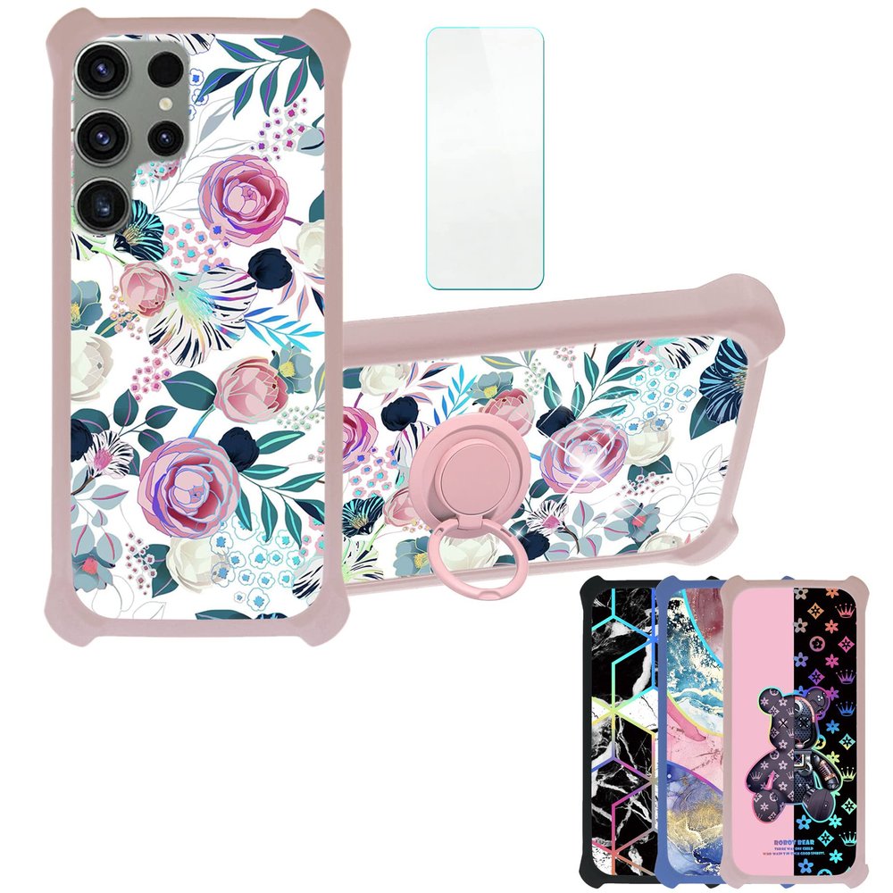 Galaxy S23 Ultra Case Compatible with Samsung Galaxy S23 Ultra Phone Case Cover [with Tempered Glass Screen Protector][Hard PC + Soft Silicone][Ring Support] [Colorful Reflect Light] IMDF-HUA3