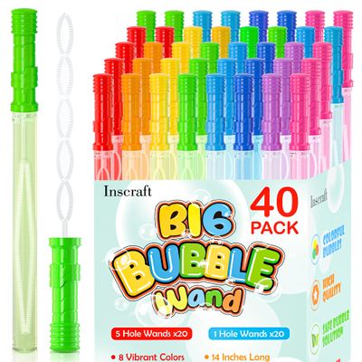 Inscraft 40 Pack 14 Big Bubble Wands, 8 Colors Mix Bulk for Summer Toy, Outdoor/Indoor Activity Use, Easter, Birthday, Graduation, Shower, Bubbles Party Favors Supplies for Kids