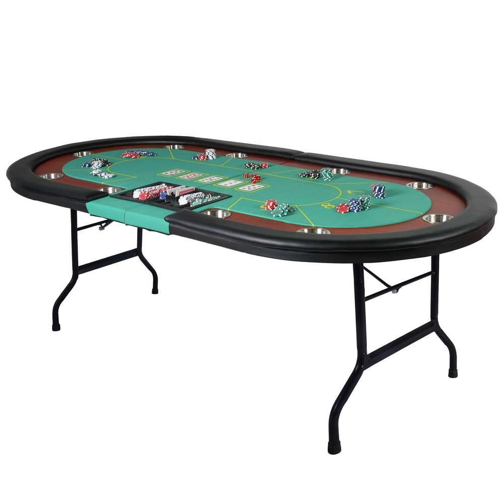 DC DICLASSE Upgrade 10 Players Folding Poker Table, 84" Oval Card Table with Stainless Steel Cup Holders & Padded Rails, Casino Leisure Felt Surface Texas Hold 'em Poker Table, Green