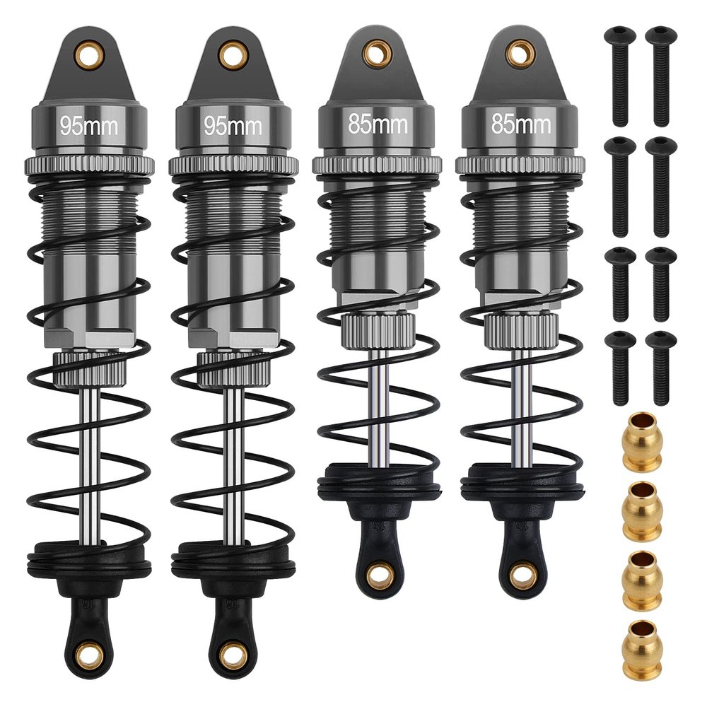4Pcs RC Shocks Set 1:10 Scale Replacement Parts Fits for 1/10 1/12 WLtoys 104001,124019, Kyosho, Tamiya, Losi RC Buggy/Racing Cars-85mm Front Shocks & 95mm Rear Shocks (Gray)