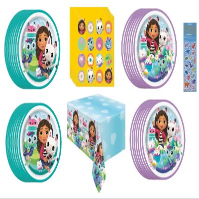 Unique Gabbys Dollhouse Birthday Party Supplies Bundle Pack includes 16 Dessert Cake Plates, 16 Lunch Plates, 16 Napkins, 1 Table Cover (Bundle for 16)