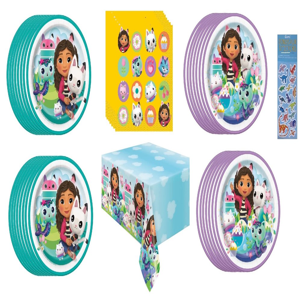 Unique Gabbys Dollhouse Birthday Party Supplies Bundle Pack includes 16 Dessert Cake Plates, 16 Lunch Plates, 16 Napkins, 1 Table Cover (Bundle for 16)