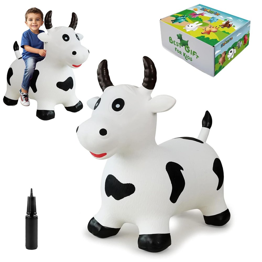 HotMax Bouncy Cow Hopping Horse Toys, Inflatable Bouncing Animal Hopper for Toddlers or Kids, Ride on Jumping Farm Toys for Boy or Girl Birthday Gift 2 3 4 Year Old (White Cow)