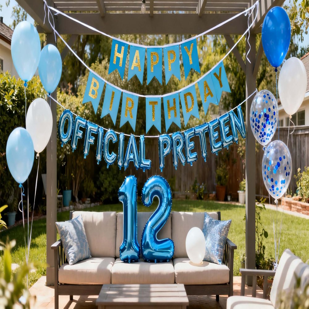 12th Birthday Decorations Blue for Boys, Official Pre-teen 12th Party Decoration, Blue Birthday Banner Silver Number 12 Star Foil Balloons Confetti Balloons for 12Year Old Boys(12th)
