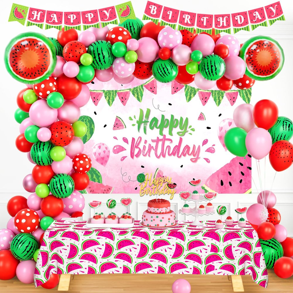 100 PCs Watermelon Party Decorations, Hombae Watermelon Birthday Decorations Backdrop Balloon Garland Banner Tablecloth Cake Cupcake Topper Sweet Melon Pink Green Red