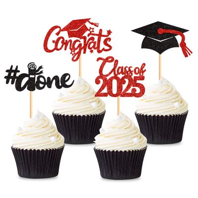 Cyodoos 2025 Graduation Cupcake Toppers Class of 2025 Graduation Cap Diploma Done Congrats Cupcake Picks 2025 Graduation Congratulation Theme Party Cake Decorations Supplies - Red Black Glitter
