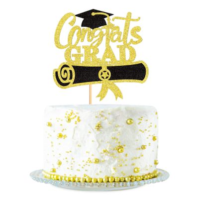 1Pc Glitter Black Golden Congrats Grad Cake Topper Diploma Grad Cap Cake Pick 2026 Senior Graduation Cake Decoration for 2026 Graduation Theme Party Decorations