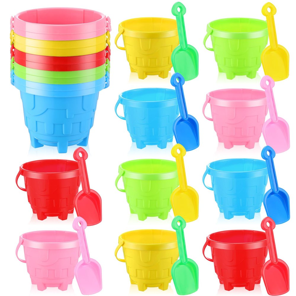 Leitee 10 Pcs Beach Sand Buckets and 10 Pcs Sand Shovels Set for Kids Summer Beach Toys Set 5.9 Inch Plastic Castle Shaped Bucket and Shovels Gift for Boys Girls Swimming Pool (Round,Classic Color)