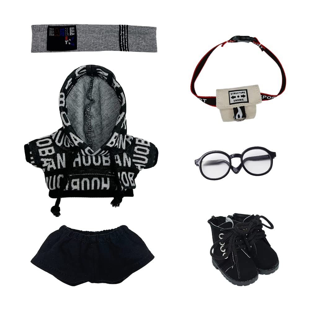 niannyyhouse 15cm Plush Doll Clothes Loose Hip-hop Suit Headwear Hoodie Pants Backpack Glasses Shoes 6in Doll Accessories (Black, 15cm)