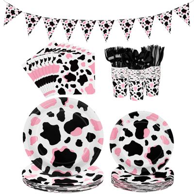 durony 198 Pieces Pink Cow Print Party Tableware Supplies Including Cowgirl Pink Cow Party Plates Spoons Forks Knife Cups Napkins Serves for 28 Banner and Tablecloths for Cow Theme Party Decorations