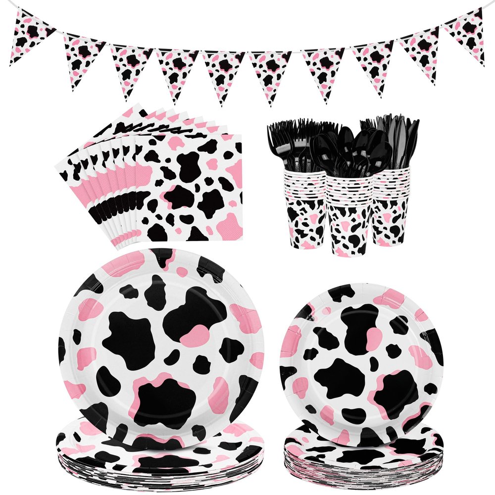 durony 198 Pieces Pink Cow Print Party Tableware Supplies Including Cowgirl Pink Cow Party Plates Spoons Forks Knife Cups Napkins Serves for 28 Banner and Tablecloths for Cow Theme Party Decorations