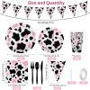 durony 198 Pieces Pink Cow Print Party Tableware Supplies Including Cowgirl Pink Cow Party Plates Spoons Forks Knife Cups Napkins Serves for 28 Banner and Tablecloths for Cow Theme Party Decorations view 2