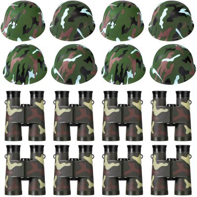 Sratte 16 Pcs Army Helmets For Kids 8 Plastic Camouflage Hats Soldier Hats And 8 Binoculars With Neck String For Kids Camo Costume Hat Summer