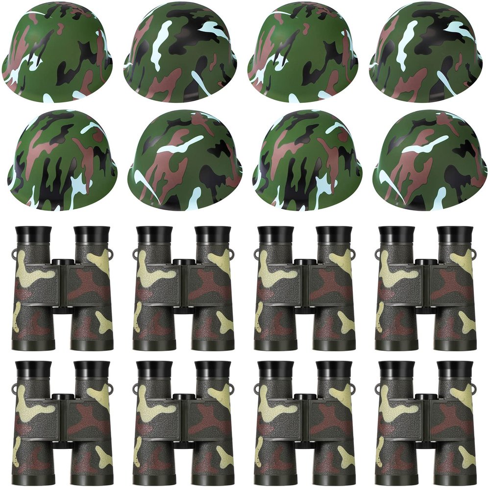 Sratte 16 Pcs Army Helmets For Kids 8 Plastic Camouflage Hats Soldier Hats And 8 Binoculars With Neck String For Kids Camo Costume Hat Summer