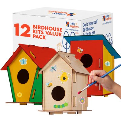 12 DIY Bird House Kits For Children to Build - Wood Birdhouse for Kids to Paint - Unfinished Bird Houses for Kids - Wood Craft Project Kits - Wooden Arts & Craft for Girls & Boys - Classroom Activity