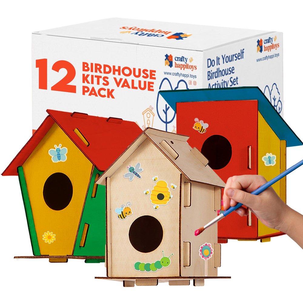 12 DIY Bird House Kits For Children to Build - Wood Birdhouse for Kids to Paint - Unfinished Bird Houses for Kids - Wood Craft Project Kits - Wooden Arts & Craft for Girls & Boys - Classroom Activity