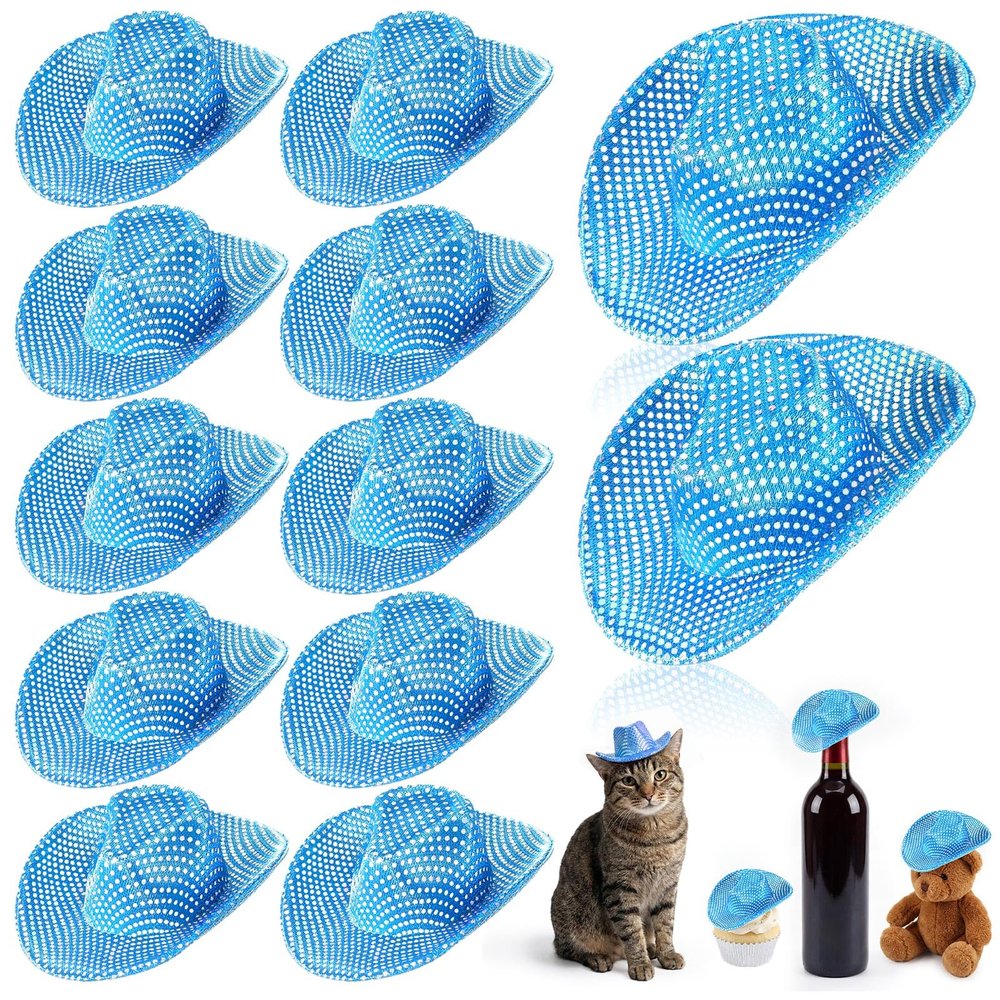 Sotiff 12 Pcs Mini Cowboy Cowgirl Hat Small Disco Western Hat Neon Holographic Space Tiny Decoration for Cowgirl Birthday Party Drinks Cupcake Toppers Dolls(Neon Blue)