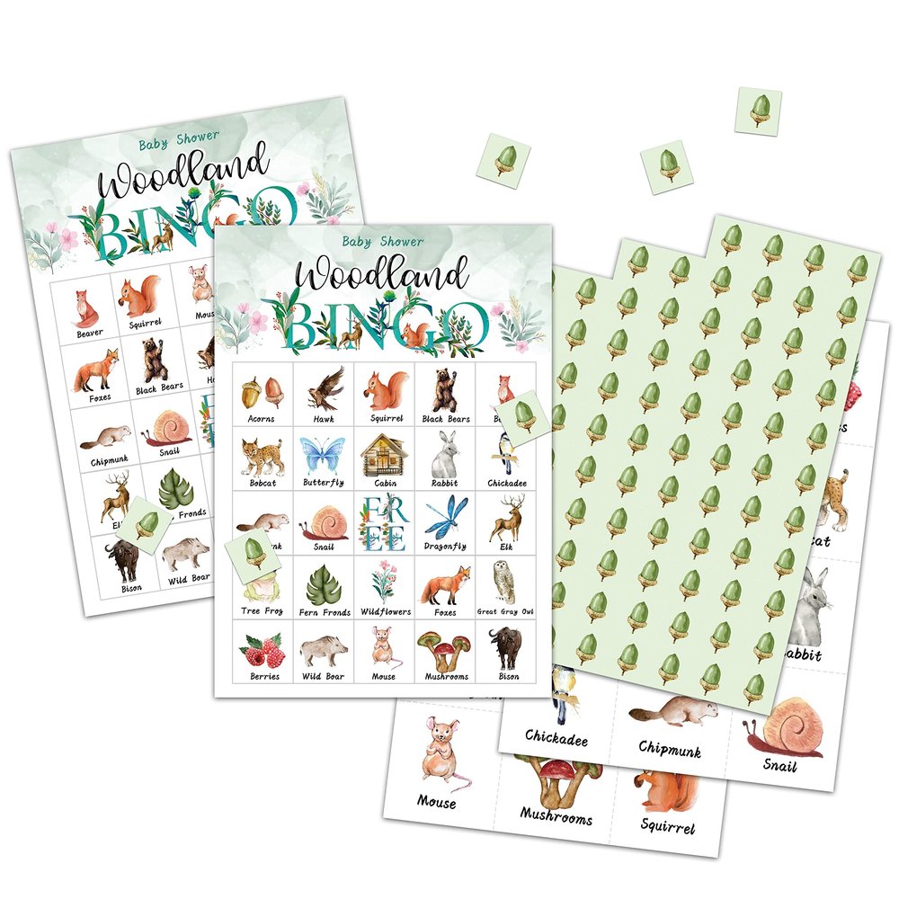 Chuxvon Woodland Bingo Cards, Baby Shower Party Activities, Woodland Animals Theme Game for 24 Players, Gender Reveal Bingo Game Cards, Woodland Party Favors Supplies Decorations(A04)