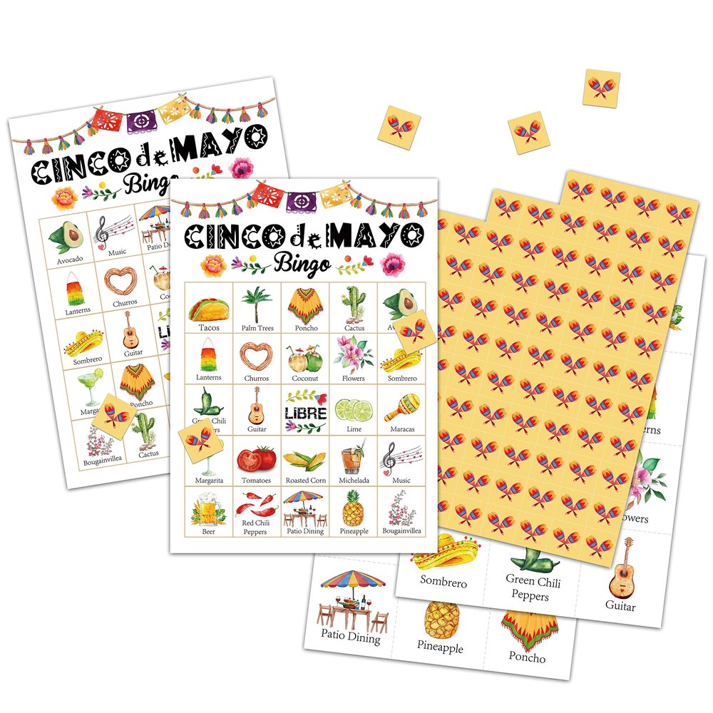 Chuxvon Fiesta Bingo Cards, Mexican Theme Game for 24 Players, Taco Party Bingo Game Cards, Friends Activities, Cinco De Mayo Party Favors Supplies Decorations(A05)