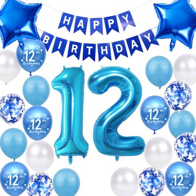 12th Birthday Party Decorations Blue for Girls, 12th Birthday Banner Blue Number 12 Birthday Foil Balloons Confetti Balloons for Boys Him Son 12 Year Old Birthday Supplies(12th blue)