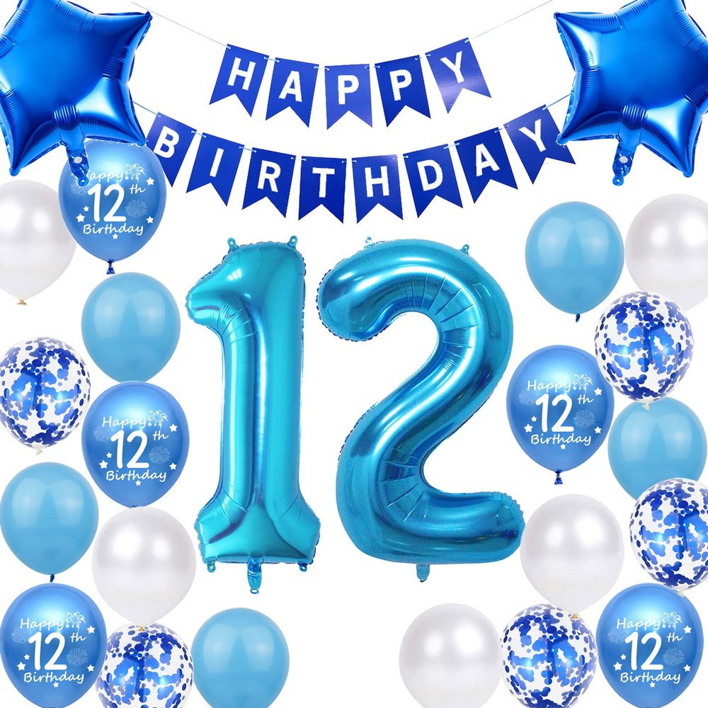 12th Birthday Party Decorations Blue for Girls, 12th Birthday Banner Blue Number 12 Birthday Foil Balloons Confetti Balloons for Boys Him Son 12 Year Old Birthday Supplies(12th blue)