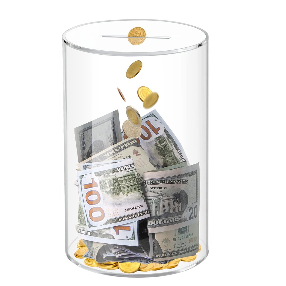 Kypeeka Clear Acrylic Piggy Bank for Adults Kids, Clear Money Saving Jar Must Break to Open, Unopenable Piggy Bank for Cash Coins (10" H 6" Diameter)
