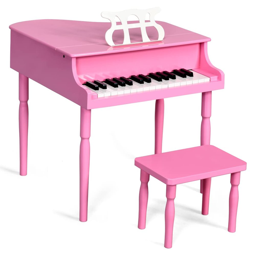 HONEY JOY Classical Kids Piano, 30-Key Mini Grand Piano with Music Stand and Bench, Wooden Musical Instrument Toy w/Lid & Music Rack, Gift for Boys Girls Ages 3+ (Pink)
