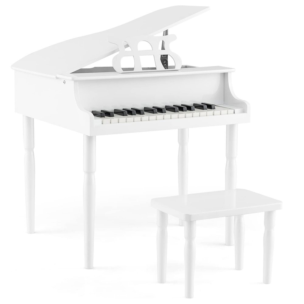 HONEY JOY Classical Kids Piano, 30-Key Mini Grand Piano with Music Stand and Bench, Wooden Musical Instrument Toy w/Lid & Music Rack, Gift for Boys Girls Ages 3+ (4 Straight Leg-White)