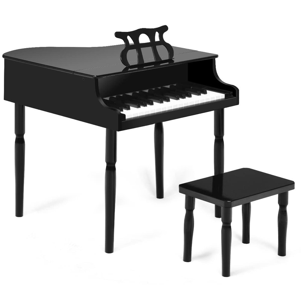 HONEY JOY Classical Kids Piano, 30-Key Mini Grand Piano with Music Stand and Bench, Wooden Musical Instrument Toy w/Lid & Music Rack, Gift for Boys Girls Ages 3+ (4 Straight Leg-Black)