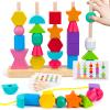 Montessori Wooden Beads Sequencing Toy Set, Stacking Blocks & Lacing Beads & Matching Shape Stacker for 2 3 4 5 Year Old STEM Preschool Learning Montessori Toys Gifts for Kids Boy Girl Toddler view 1