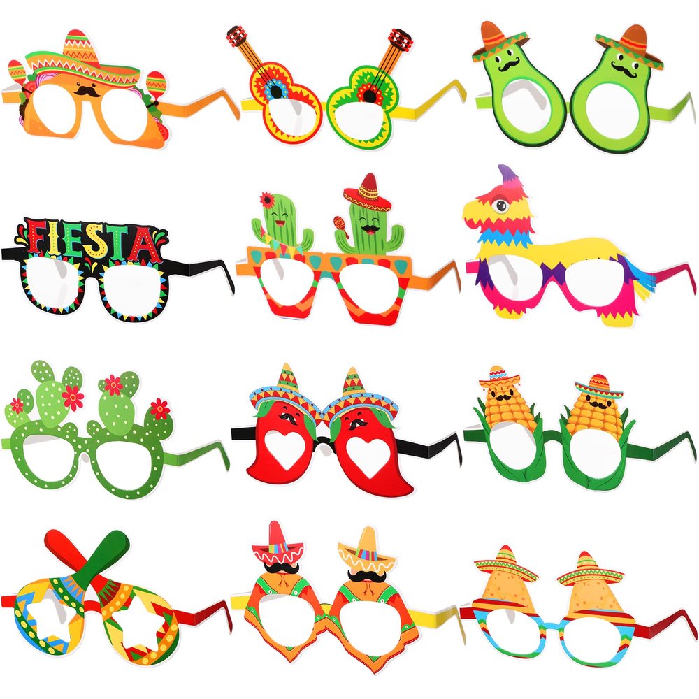 Meooeck 24 Pairs Mexican Fiesta Eyeglasses Cinco De Mayo Paper Glasses Taco Cactus Fiesta Mexican Party Decoration