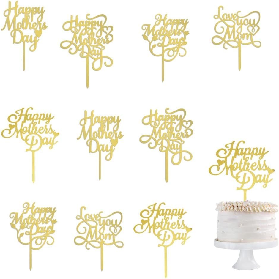 10 Pack Acrylic Gold Mother's Day Cake Topper-Birthday Mother's Day Party Cake Decorations,Best Mom Ever