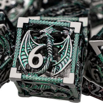 ARUOHHA Hollow DND Metal Dice Set Black Green Dragons D and D Dice, RPG Role Playing Games Dungeons Polyhedral Dice with Gift Box D20 D12 D10 D8 D6 D4
